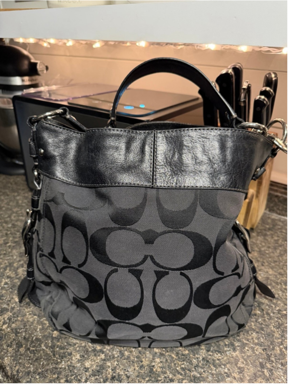Coach Zoe Signature Jacquard Hobo Bag Black Leather Trim